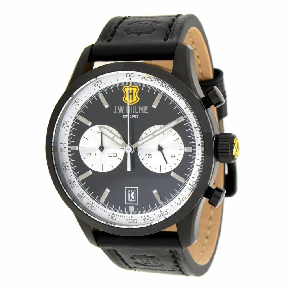 NEW J.W. HULME men's quartz multi function leather strap watch in black/black